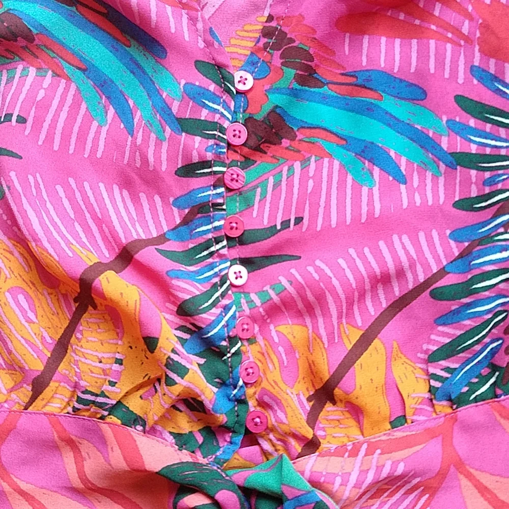 Joie Tropical Rio Parrot Cropped Balloon Sleeve Button Down Tie Front Top S